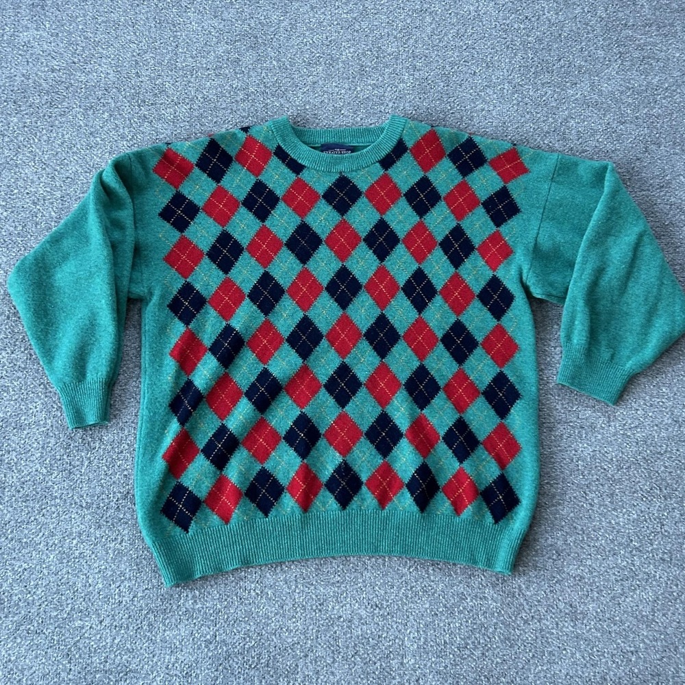 Vintage Sweater Shop‎ Sweater Mens Large Green Argyle Pure New Wool Made UK 90s
